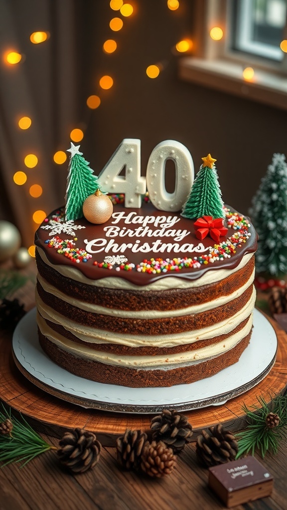 A festive 40th birthday cake decorated for Christmas with snowflakes and sprinkles, displayed on a wooden table with fairy lights.